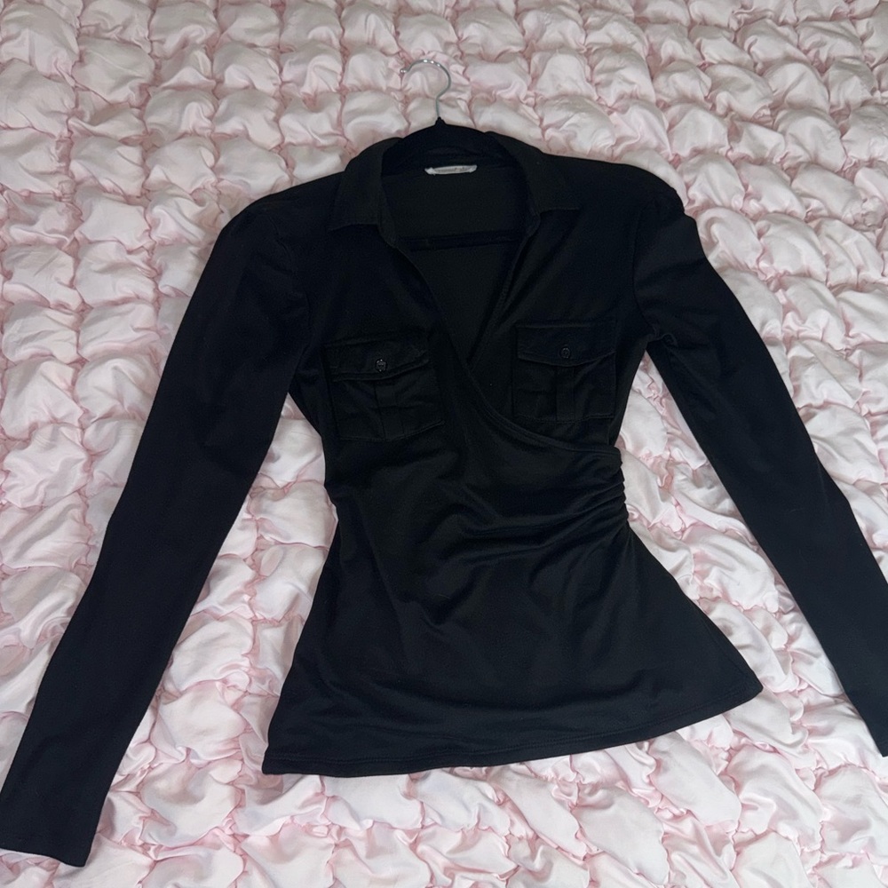 Black Long Sleeve Wrap Top